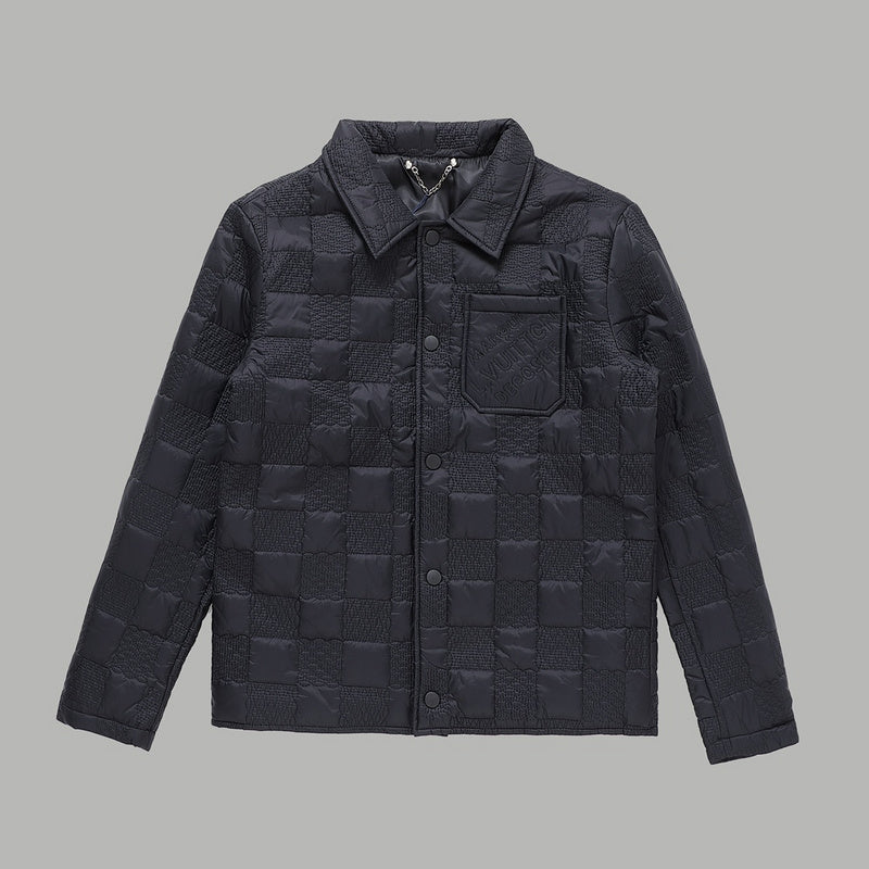Front view of Louis Vuitton luxury clothing with monogram-inspired silhouette