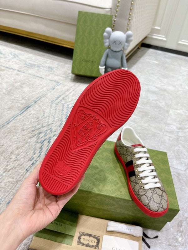 Side profile of Gucci soft grey sneakers premium leather build