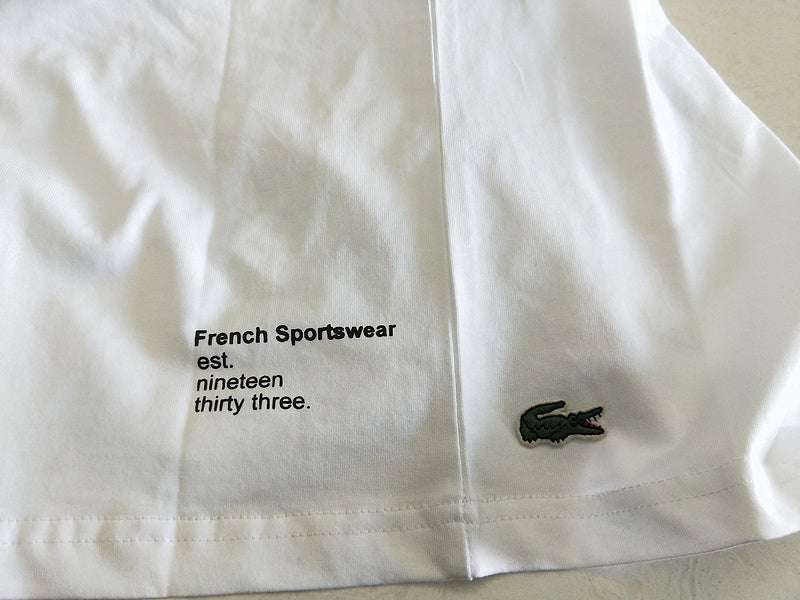 Front view of Lacoste luxury clothing with signature branding