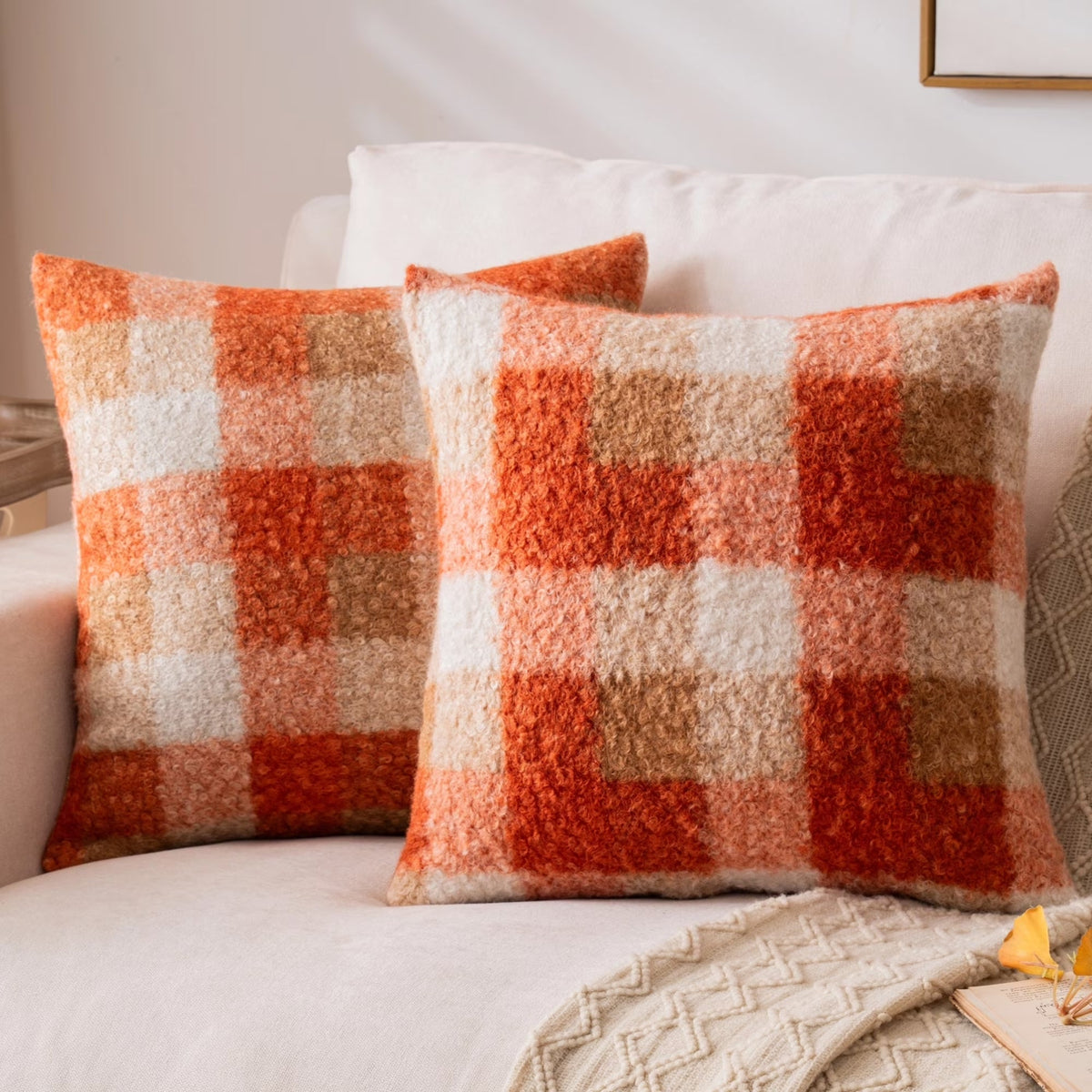 Orange Plaid Fall Throw Pillow Covers Set of 2