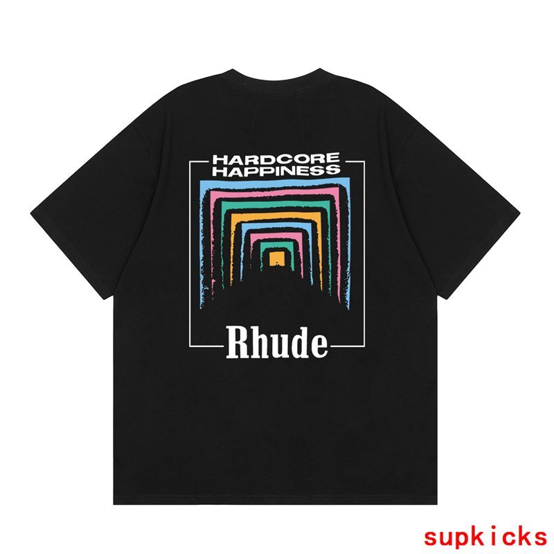 Flat lay presentation of Rhude luxury clothing with monogram-inspired silhouette