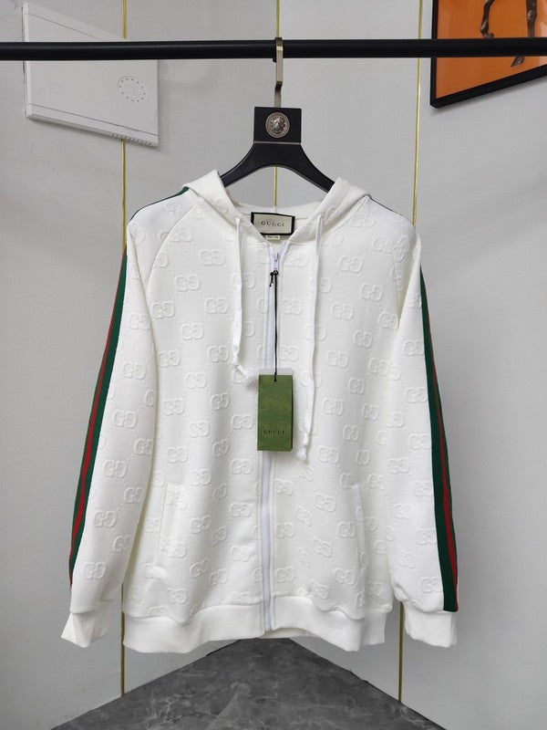 Front view of Gucci luxury clothing with label-forward styling