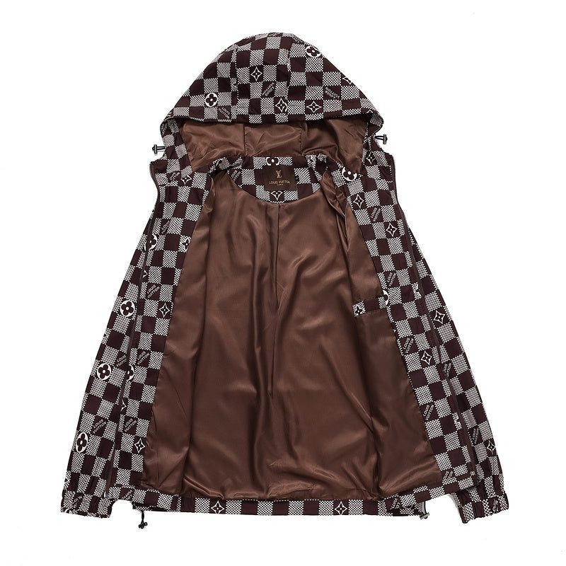 Close-up detail shot of Louis Vuitton luxury clothing with logo-detail design