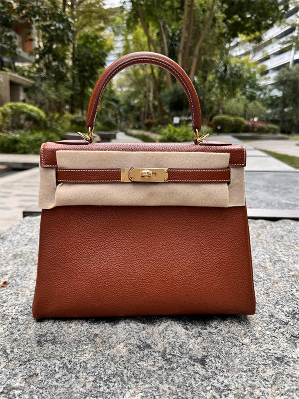Side view of structured structured handbag