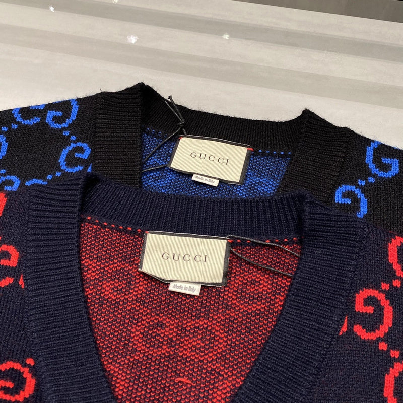 Back view of Gucci luxury clothing with label-forward styling