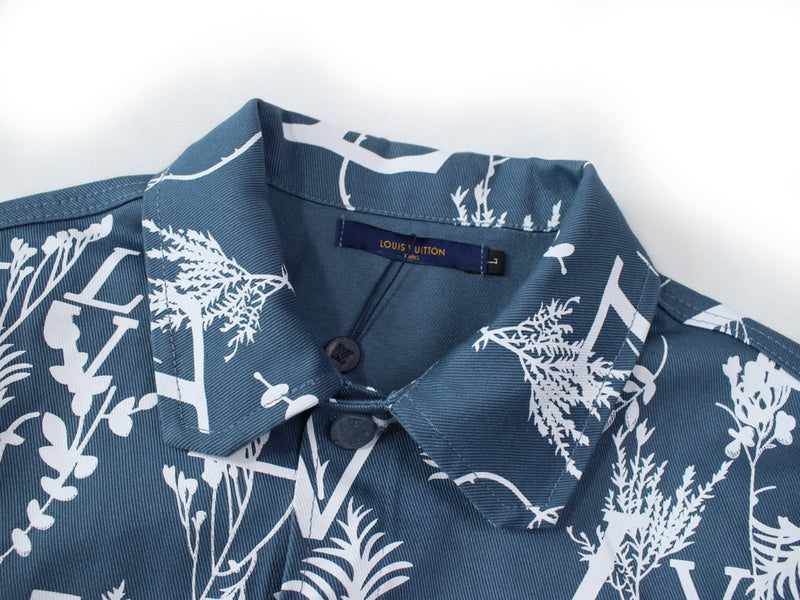 Close-up detail shot of Louis Vuitton luxury clothing with signature branding