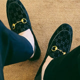Side profile of Gucci two-tone sneakers breathable knit upper