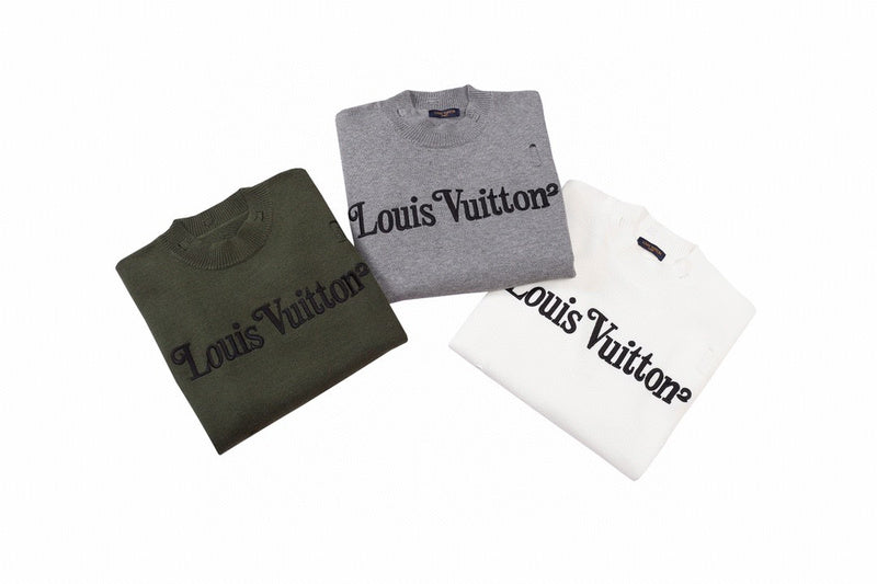 Back view of Louis Vuitton luxury clothing with label-forward styling