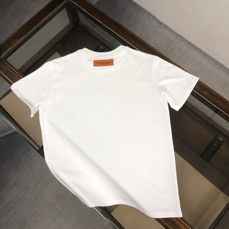 Close-up detail shot of Louis Vuitton cotton t-shirt with label-forward styling