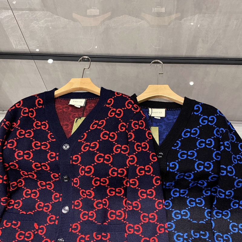 Close-up detail shot of Gucci luxury clothing with label-forward styling