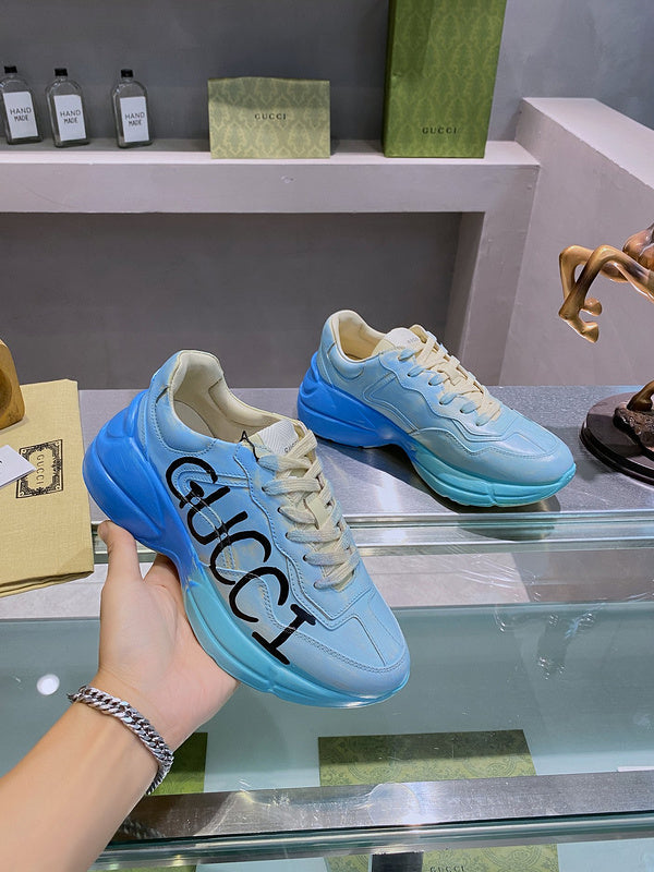 Side profile of Gucci neutral cream sneakers streetwear statement look