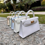 Side view of sophisticated structured handbag