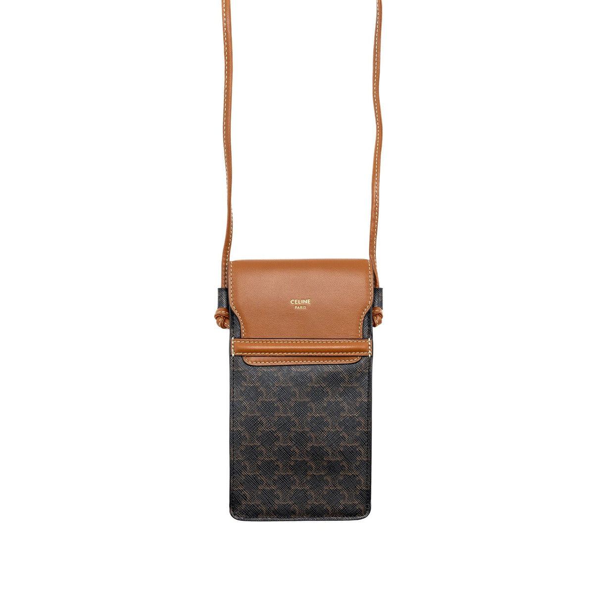 Celine Bags? Celine Phone Pouch with Flap Triomphe Canvas Lambskin Tan Premium Designer Shoulder Bag