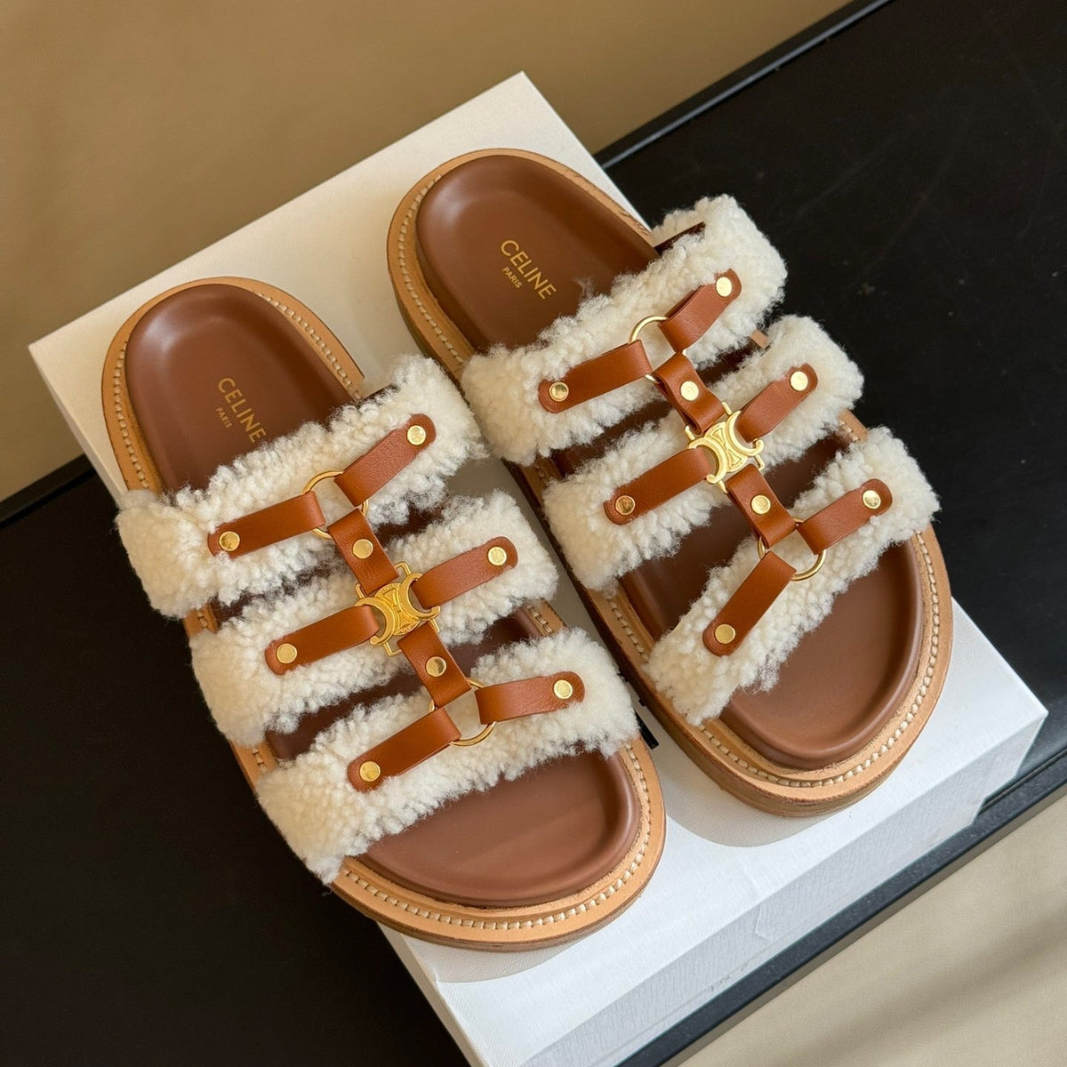 Front view of Celine premium Mules with iconic logo hardware