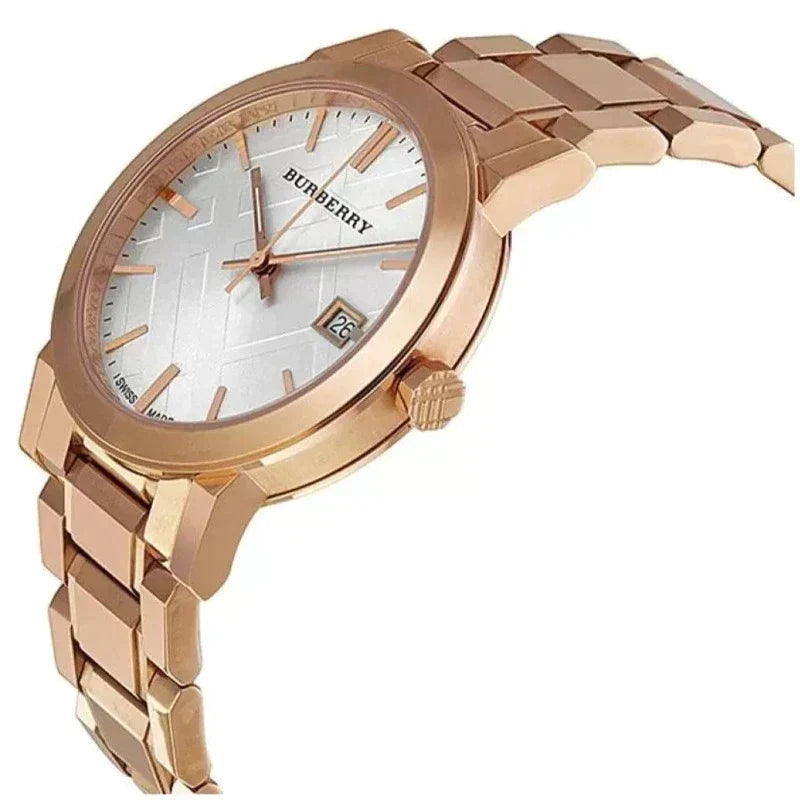 Side view of Burberry women's rose gold watch
