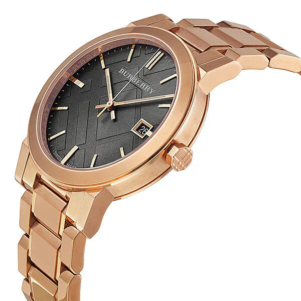 Close-up detail view of Burberry women's rose gold watch