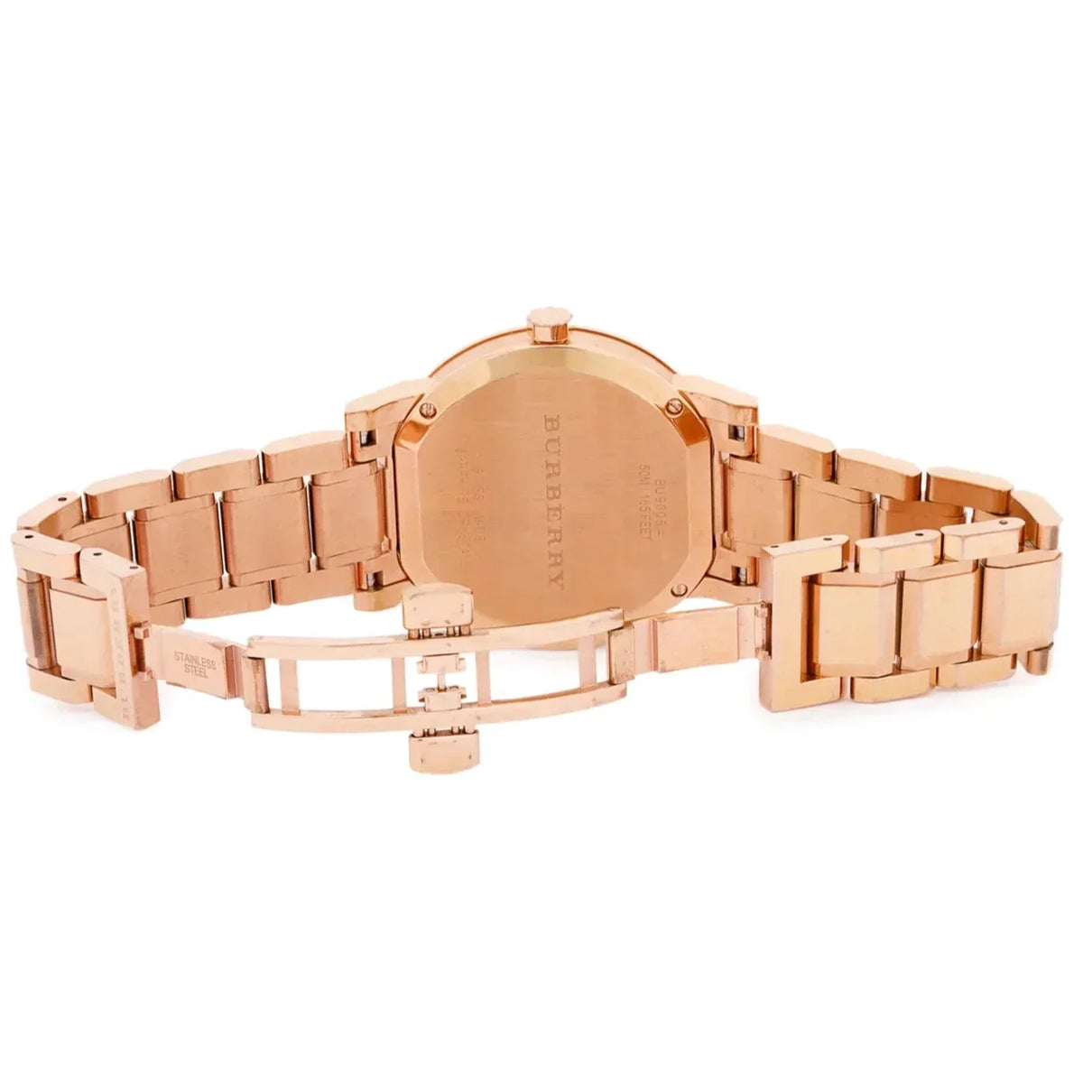 Angled view of Burberry women's rose gold watch