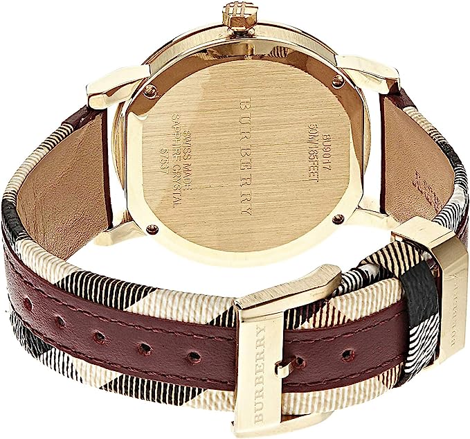 Close-up detail view of Burberry women's watch