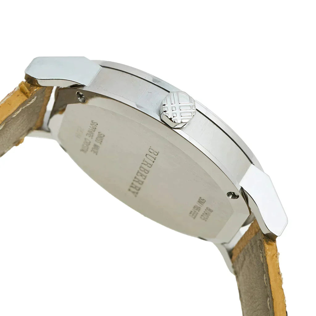 Close-up detail view of Burberry women's watch