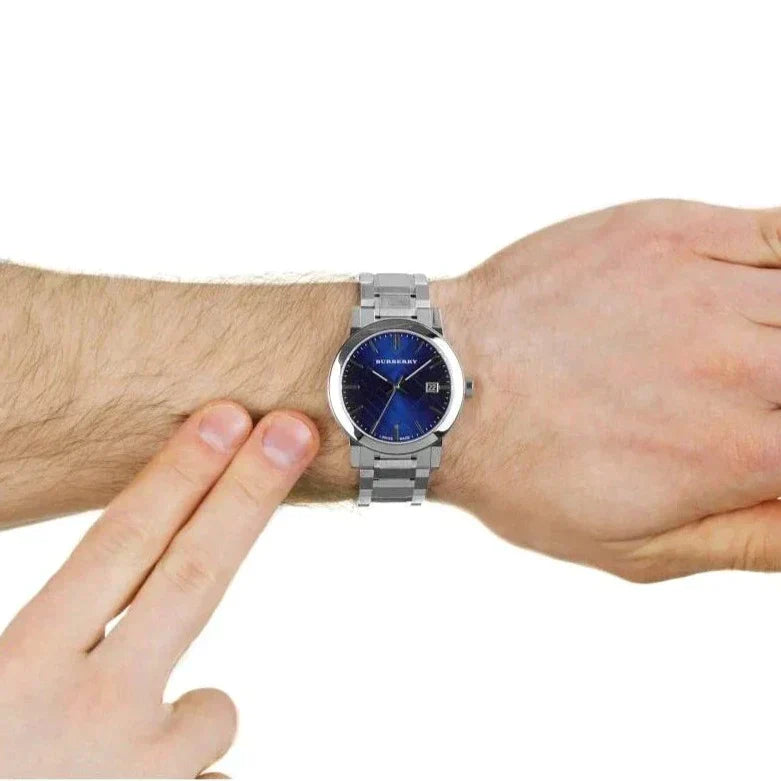 Side view of Burberry women's blue watch