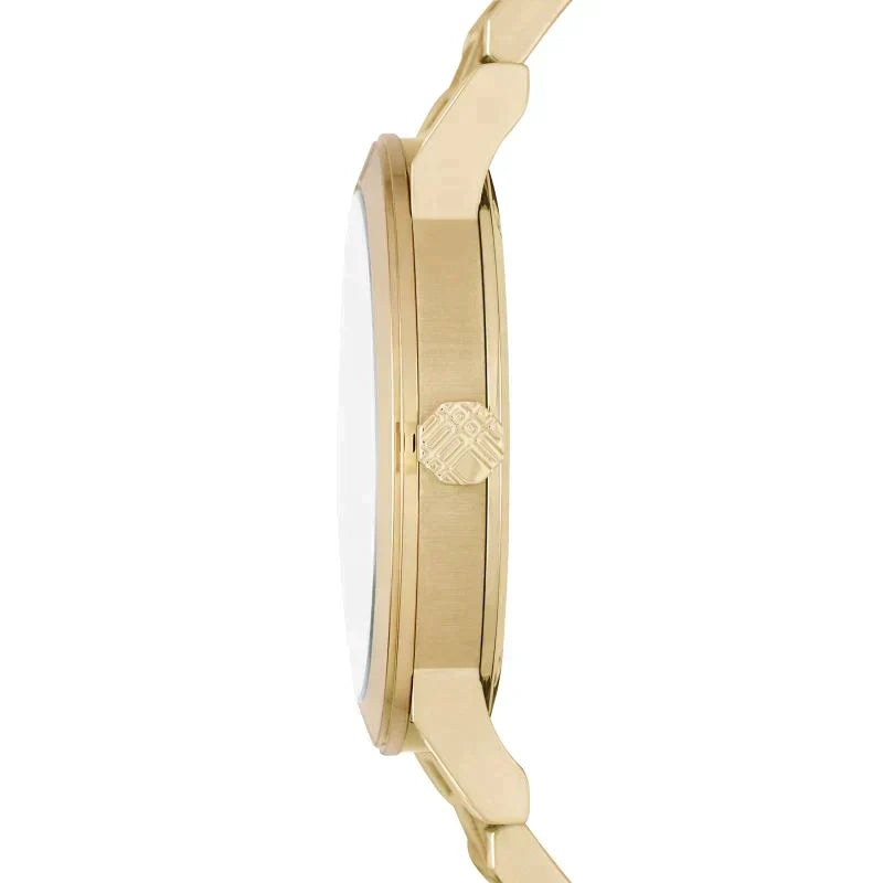 Full view of Burberry women's gold watch