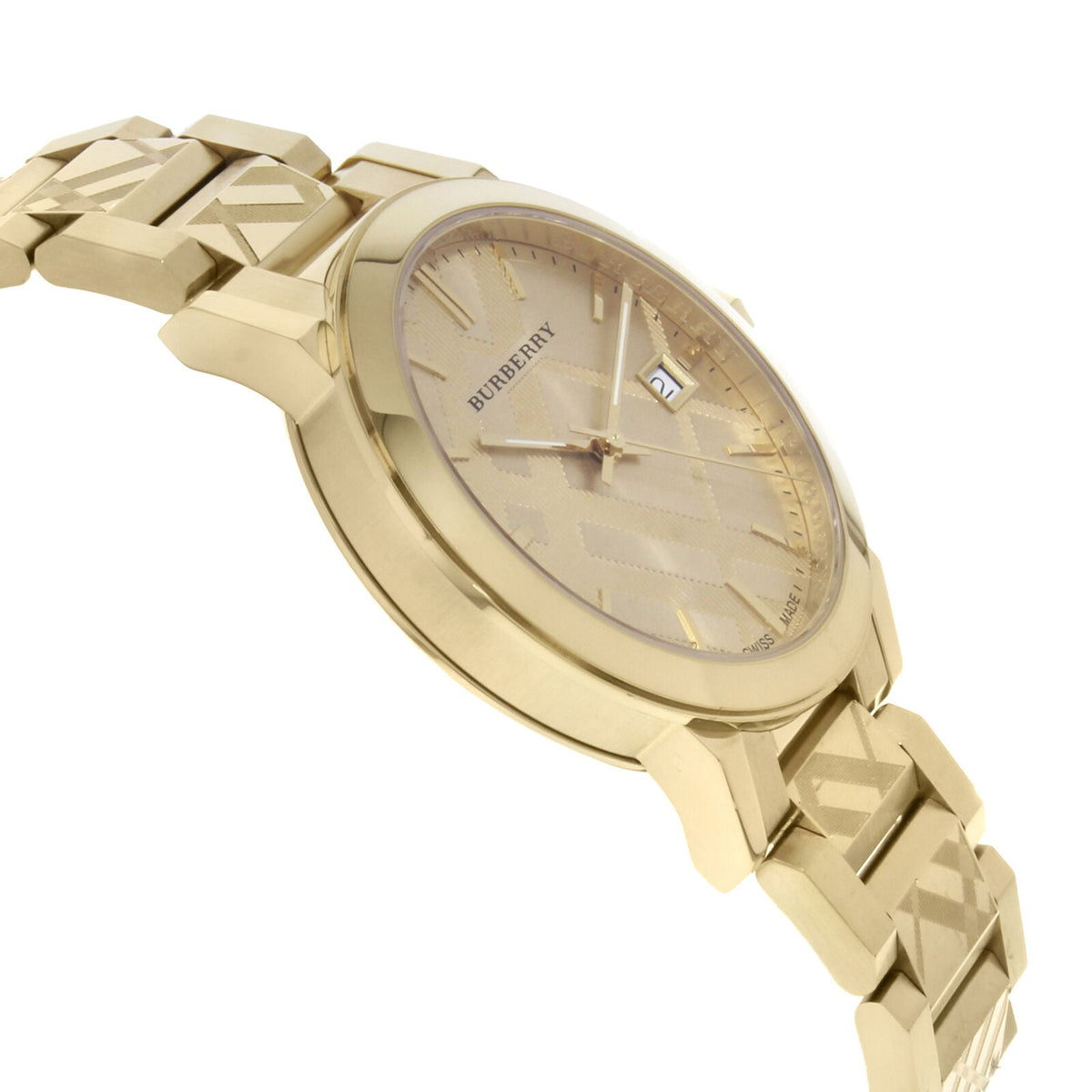 Side view of Burberry women's gold watch