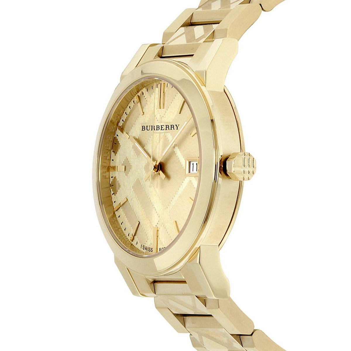 Close-up detail view of Burberry women's gold watch