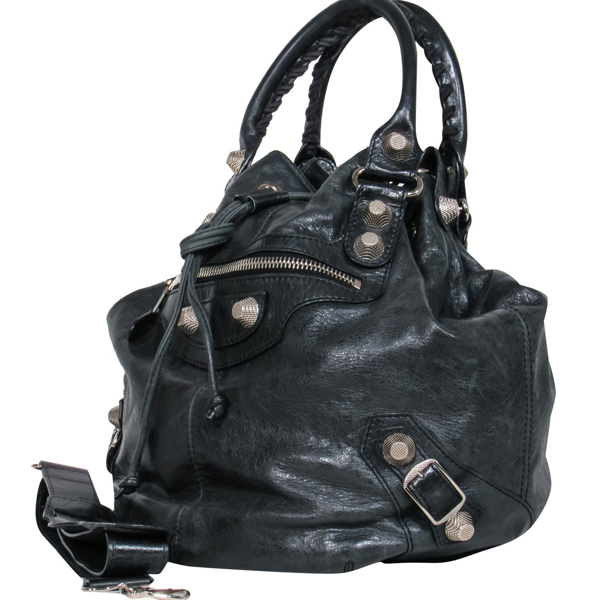 Side view of Balenciaga bucket bag Black premium designer bag