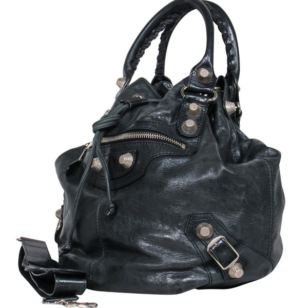 Side view of Balenciaga bucket bag Black premium designer bag