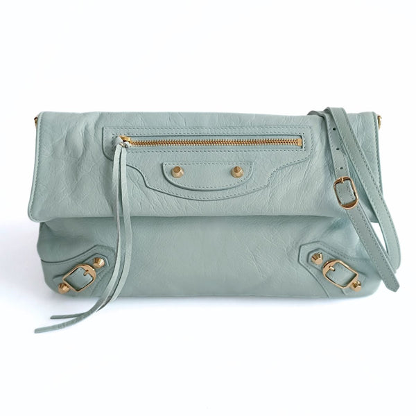 Balenciaga Giant Clutch with shoulder strap in aqua green leather | Designer Clutch Bag