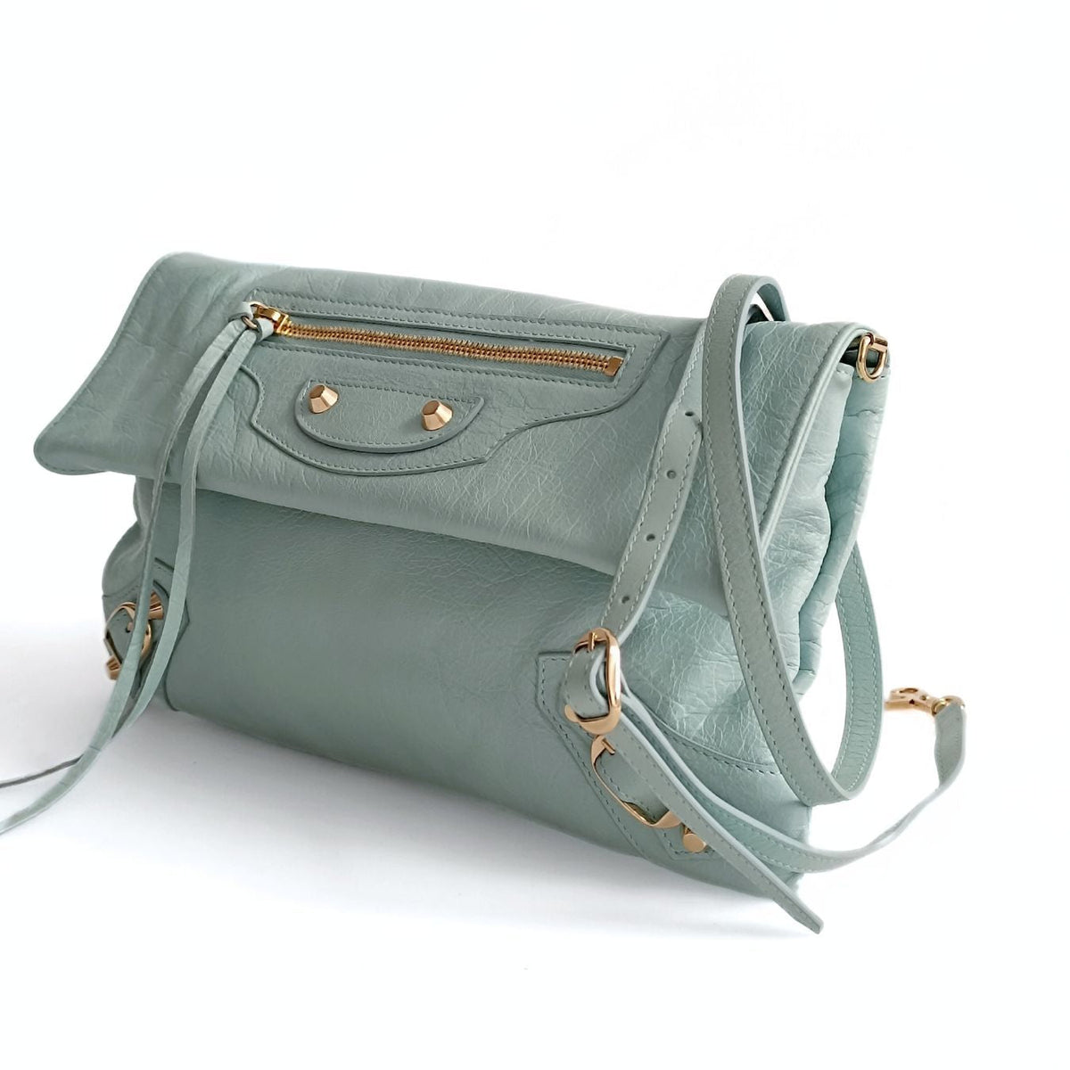 Balenciaga Giant Clutch with shoulder strap in aqua green leather | Designer Clutch Bag