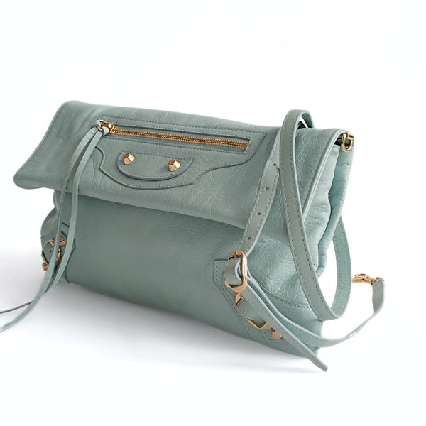 Balenciaga Giant Clutch with shoulder strap in aqua green leather | Designer Clutch Bag