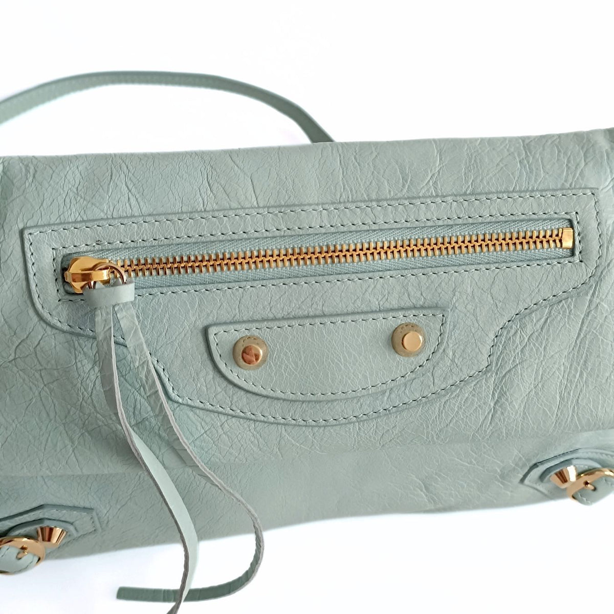 Balenciaga Giant Clutch with shoulder strap in aqua green leather | Designer Clutch Bag