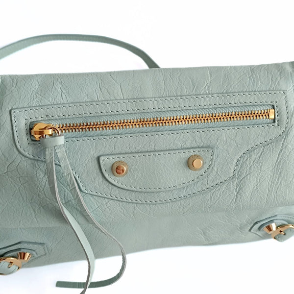 Balenciaga Giant Clutch with shoulder strap in aqua green leather | Designer Clutch Bag