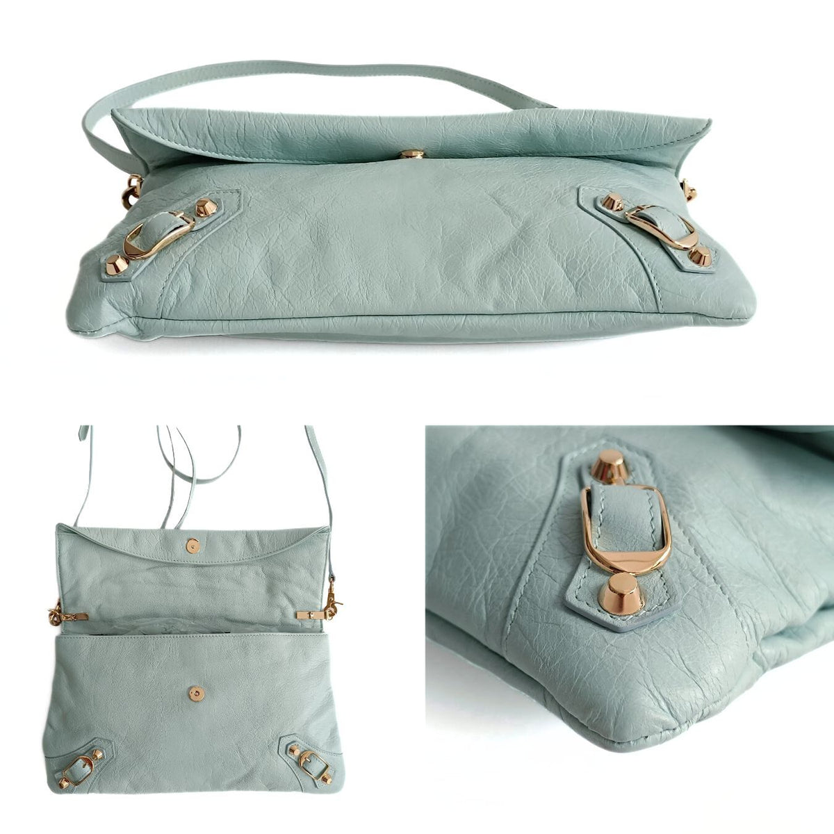 Balenciaga Giant Clutch with shoulder strap in aqua green leather | Designer Clutch Bag