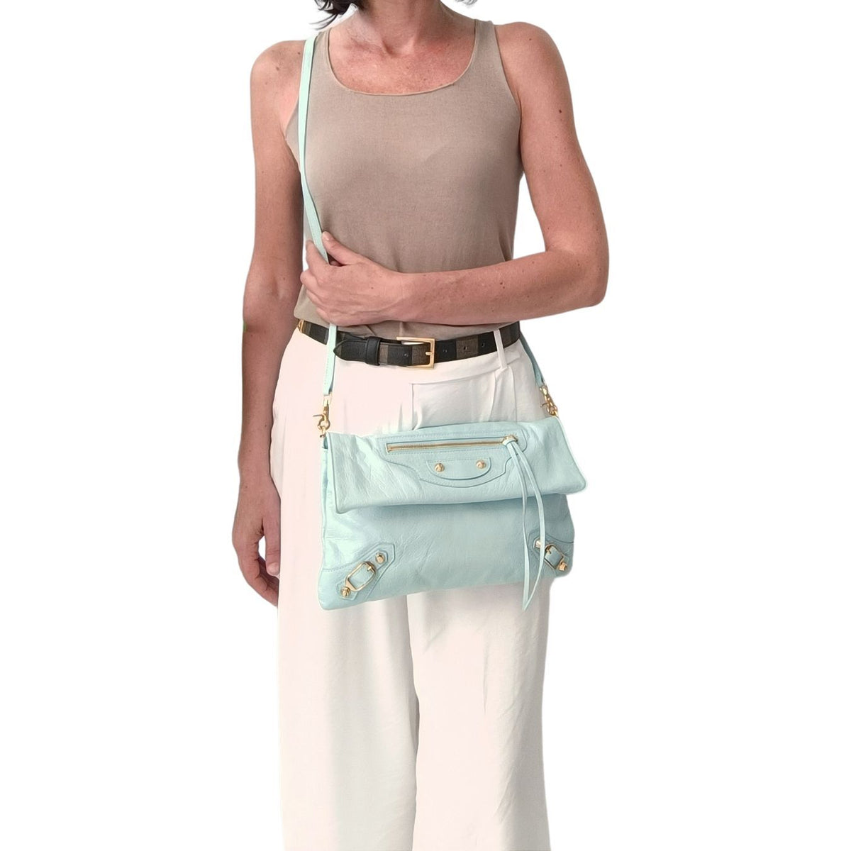 Balenciaga Giant Clutch with shoulder strap in aqua green leather | Designer Clutch Bag