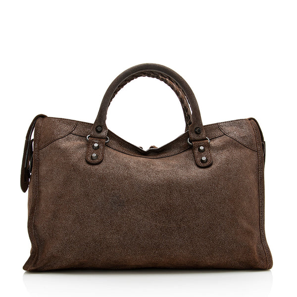 Balenciaga Limited Edition Metallic Calfskin Leather Anniversary City Satchel angle view