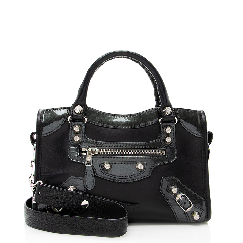 Balenciaga Patent Matte Calfskin Metal Edge City Mini Satchel - FINAL SALE | Designer Luxury Handbag