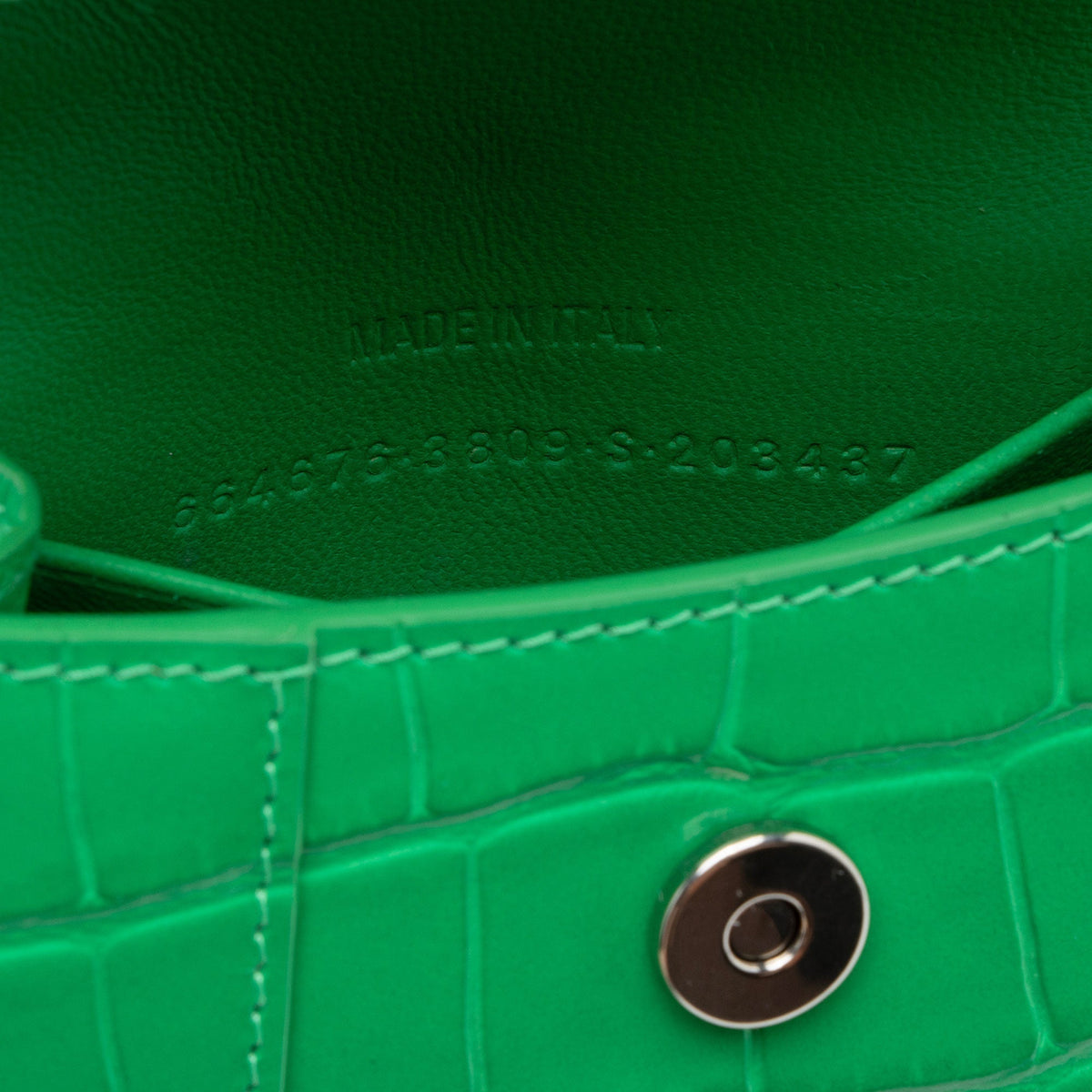 Balenciaga Shiny Croc Embossed Calfskin Hourglass Super Nano Top Handle Bag detail view