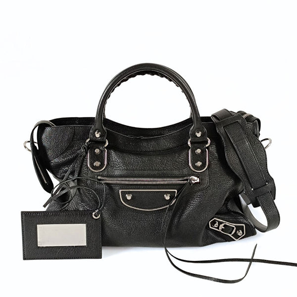 Balenciaga Le City Metallic Medium shoulder bag in black leather — Designer Shoulder Bag