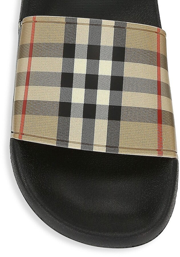 Close-up of Burberry slides hardware and fine stitching