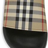 Close-up of Burberry slides hardware and fine stitching