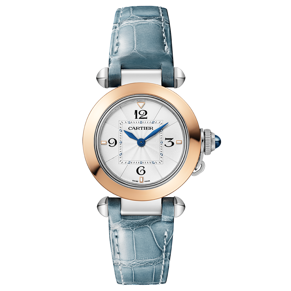 Close-up detail view of Cartier unisex rose gold watch