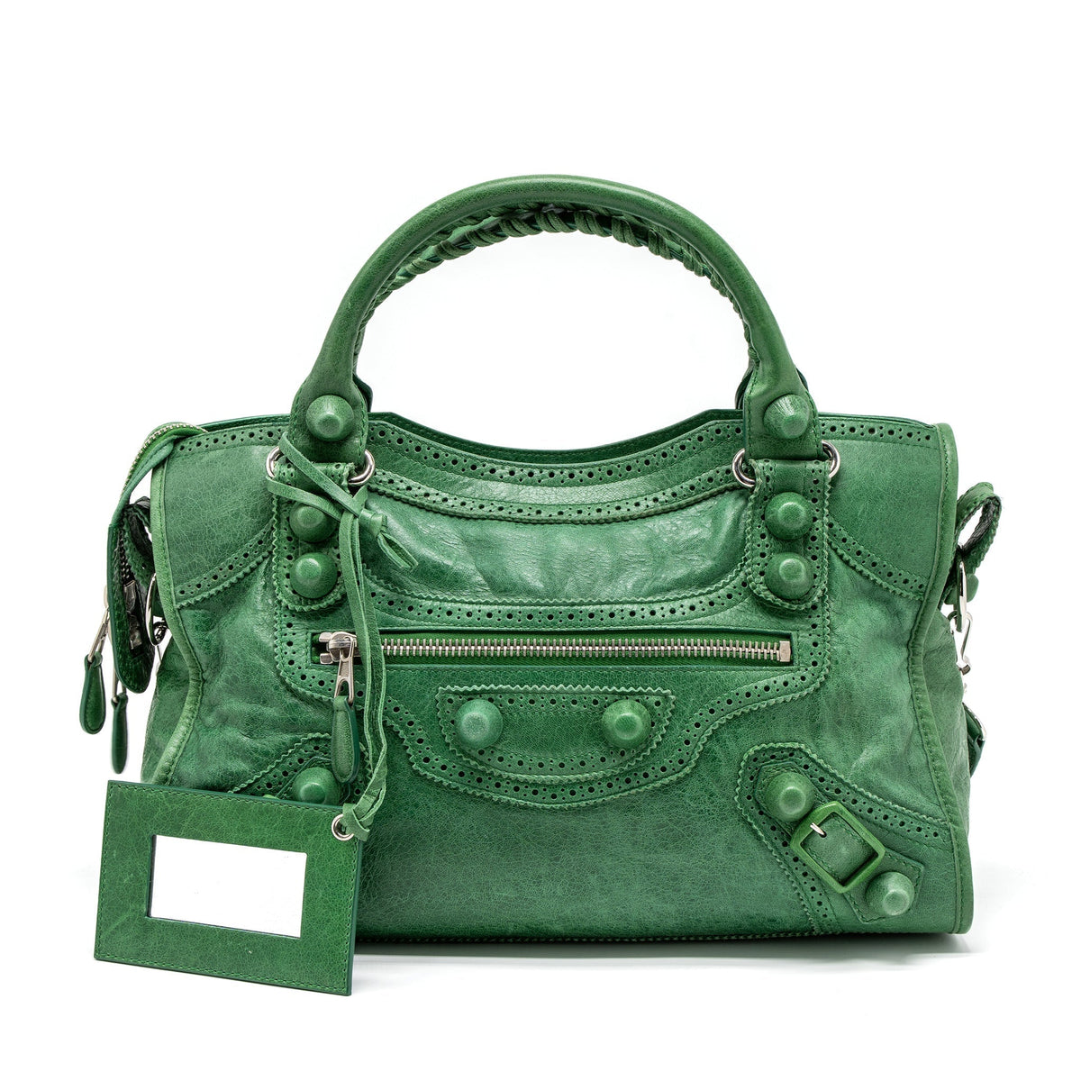 Balenciaga Lace City Bag Leather Green SHW — Designer Leather Handbag