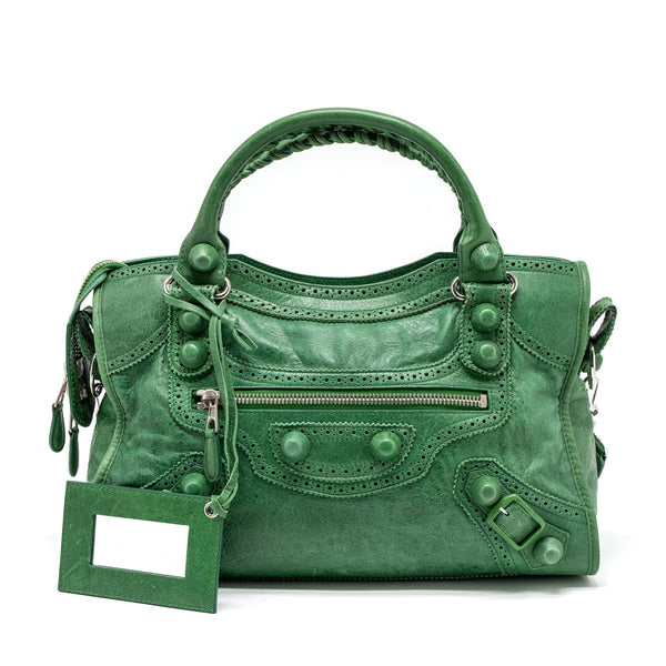 Balenciaga Lace City Bag Leather Green SHW — Designer Leather Handbag
