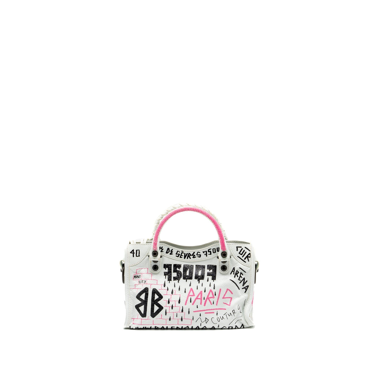 Balenciaga City Graffiti Classic Studs bag leather white / pink/ black with black hardware | Designer Luxury Handbag