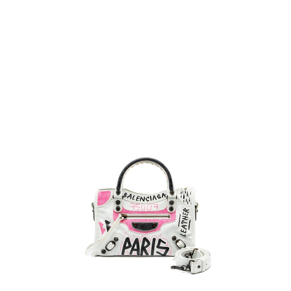 Balenciaga City Graffiti Classic Studs bag leather white / pink/ black with black hardware | Designer Luxury Handbag