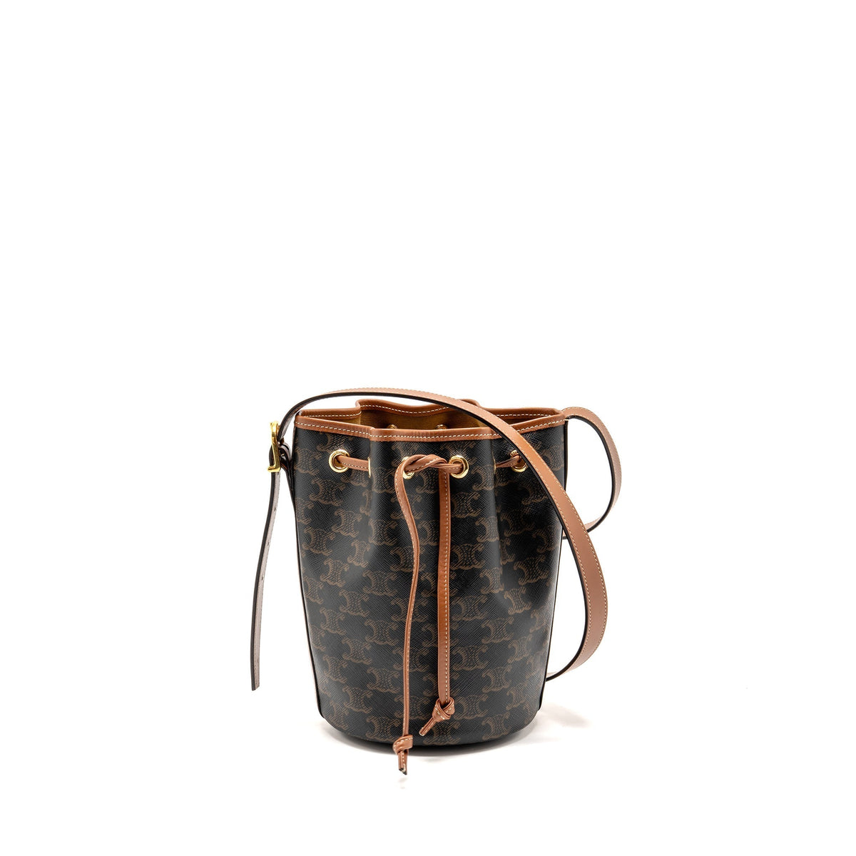 Celine Bags? Celine Small Drawstring Bag Triomphe Canvas Calfskin Tan GHW Premium Designer Shoulder Bag