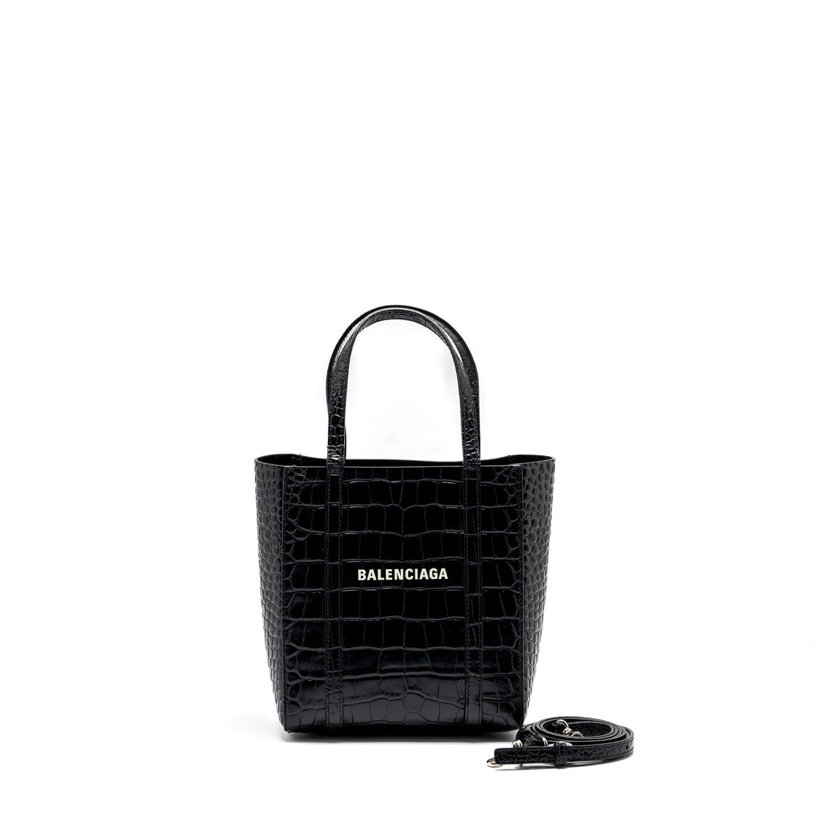 Balenciaga XXS Everyday Tote Bag Croc-Embossed Calfskin Black SHW — Premium Leather Tote