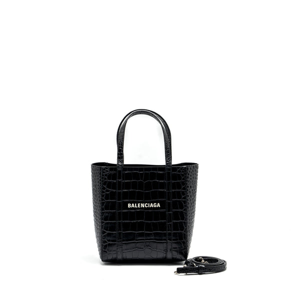 Balenciaga XXS Everyday Tote Bag Croc-Embossed Calfskin Black SHW — Premium Leather Tote